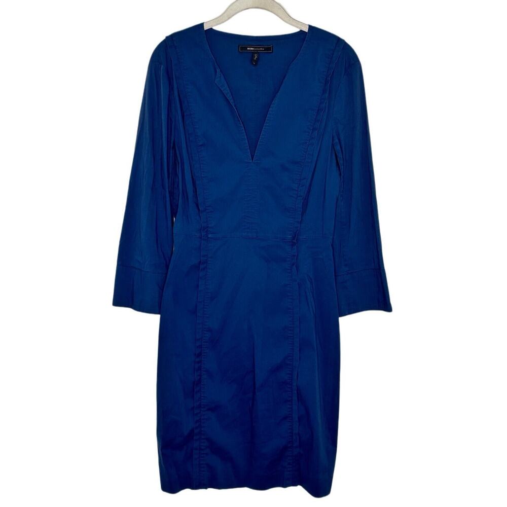 BCBGMAXAZRIA Blue V Neck Long Sleeve Ruffle Sheath Shirt Dress Size 10
